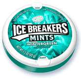 A box of Ice Breakers Mints Wintergreen flavor with cooling crystals. The box contains 8 packs of 1.5 oz each pack. at UsaCandyWolesale.Com